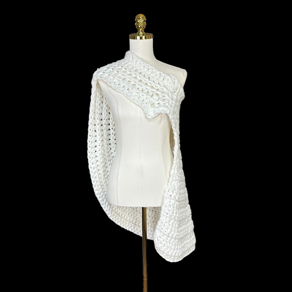 Handmade White Chunky Crochet Asymmetrical Wrap Shawl One Size Open Knit Boho